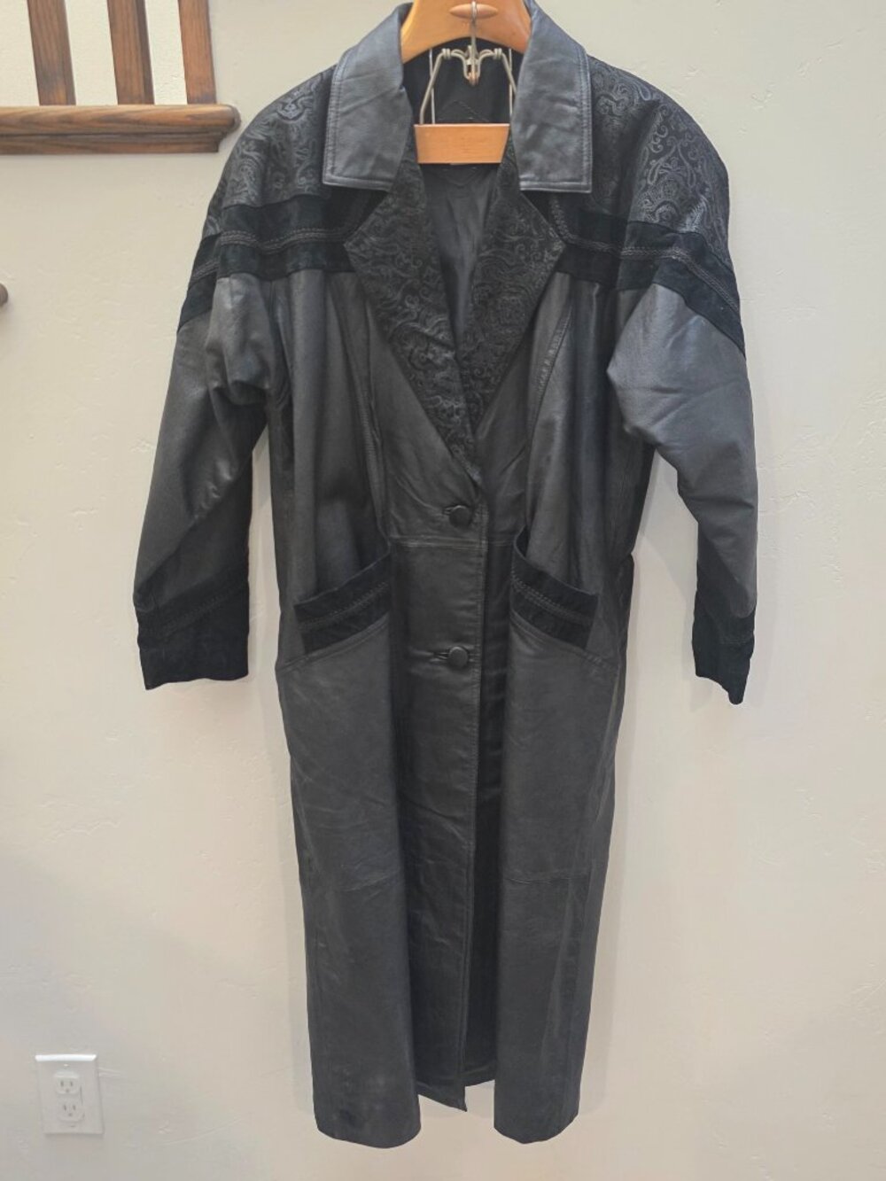 Greg Bell Womens Black Leather Collared Long Sleeve Trench Coat Size Large